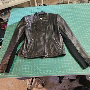 Calvin Klein Genuine Leather Moto Jacket with Knit Underarm Sleeve Panel, M